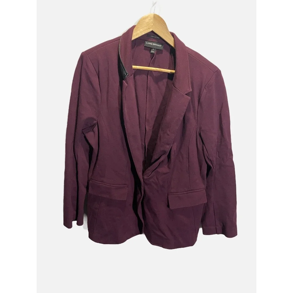 Lane Bryant The Bryant Blazer Plum Burgundy Faux Leather Trim Open Front Size 18